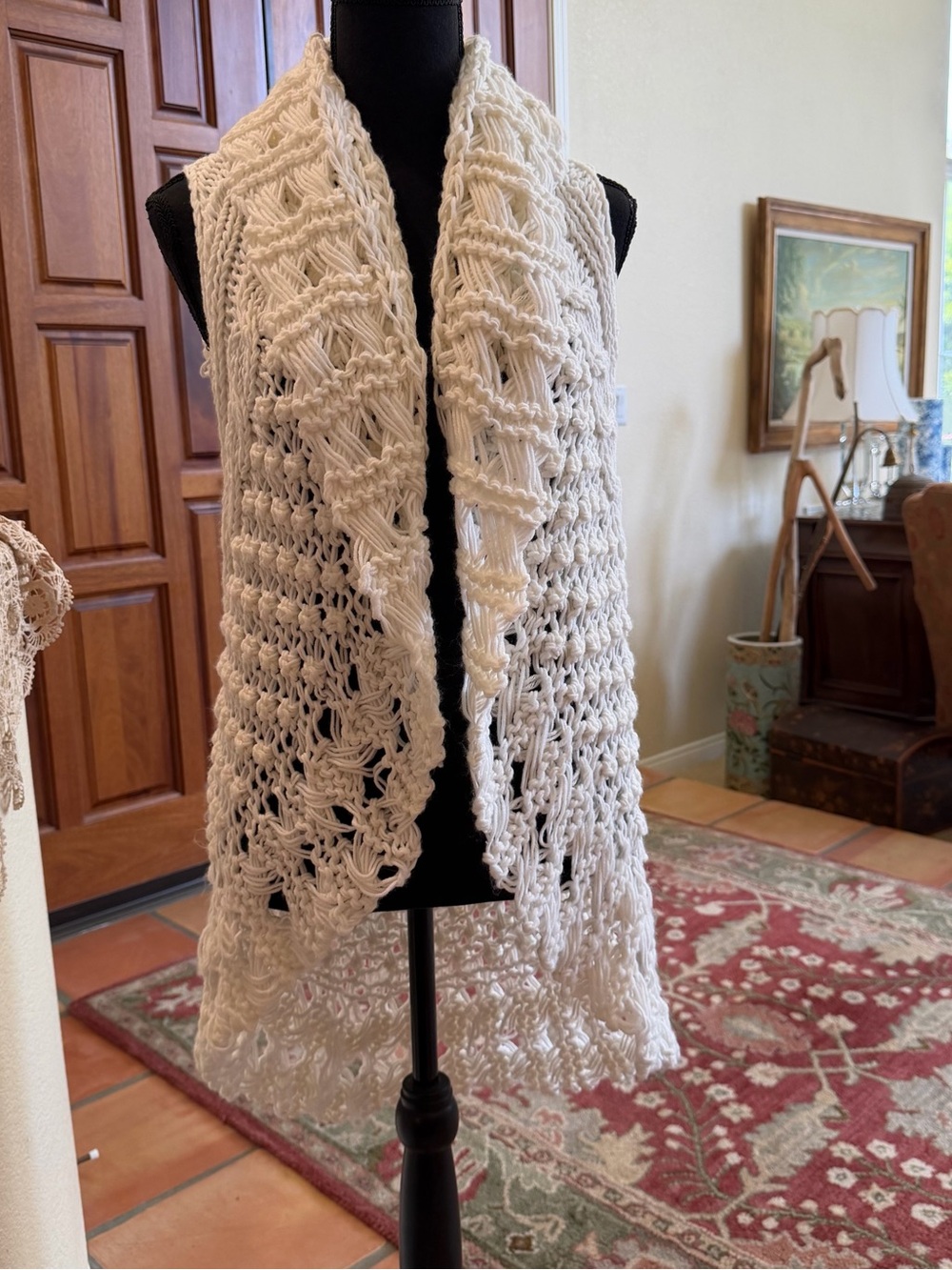 Chaudry KC Chunky Cable Knit Sweater Vest White Shawl Collar Open Size L